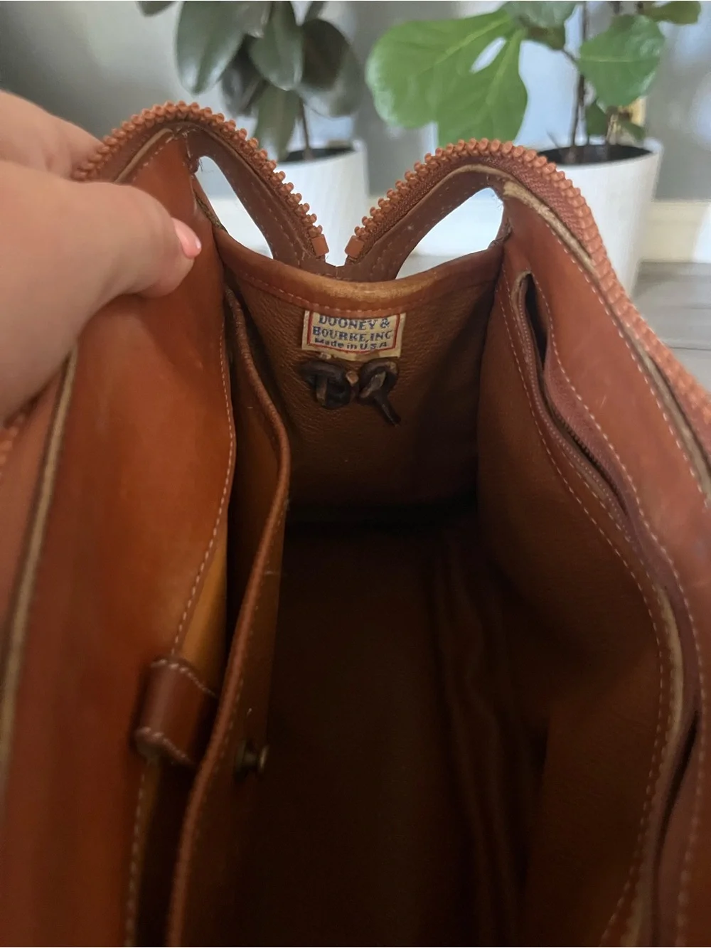 Dooney & Bourke Cream Pebbled Leather Satchel with Brown Trim